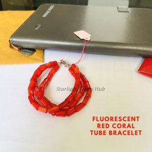 Fluorescent red Coral beads bracelet-Natural Red Coral tube gemstone bracelet-Layering bracelet-Shining beads bracelet-Best Gifts love one