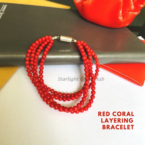 Bracelet en pierres précieuses de corail rouge pur-4MM perles de corail rouge rondes lisses bijoux-925 serrure magnétique-bracelet multicouche-bijoux en pierre-idées cadeaux