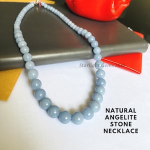 Natural Angelite stone necklace-6MM-10MM Smooth Round blue gemstone Jewelry-Unique stone jewelry-Angelite jewelry-925 lobster clasp-Art Deco