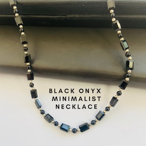 Collar de cuentas de ónix negro genuino-6MMx4MM rectangele-3.5MM Joyería de piedra preciosa de ónix redondo liso-Joyería minimalista-Especial de San Valentín