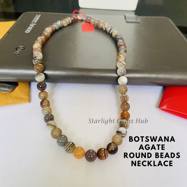 Genuine Botswana agate beads necklace-8MM Smooth round gemstone jewelry-925 Sterling silver-semi precious stone-Elegant Jewelry-Gifts Ideas