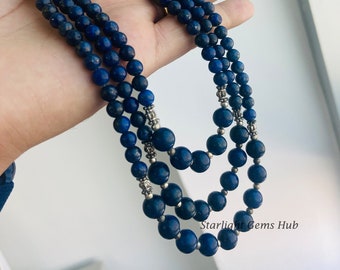 Genuine Blue lapis lazuli beaded necklace-Smooth Round Blue Gemstone jewelry-layering necklace-women jewelry-925 Lock-Best Gifts for her