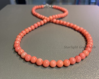 Pink Coral beaded necklace-6mm smooth round Genuine pink coral necklace Bridesmaid Jewelry Beach Lover Unisex Birthday Gift Mothers Day