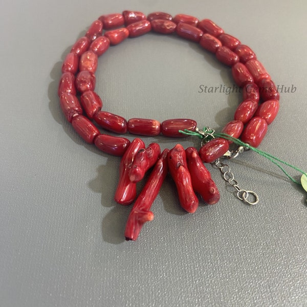 Natural Red Coral beaded necklace-fancy shape beads necklace-boho necklace design-Natural Dark red coral jewelry design-Best gifts ideas