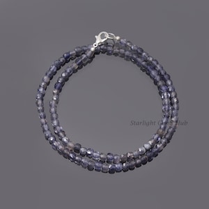 Iolite Beaded Necklace: 5mm Faceted Violet Gemstone, Sterling Silver Clasp