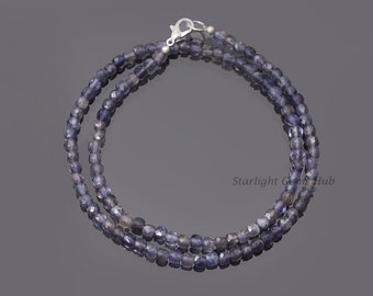 Iolite Beaded Necklace: 5mm Faceted Violet Gemstone, Sterling Silver Clasp