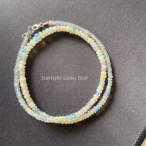 Ethiopian Opal Beaded Necklace, Rainbow Smooth Rondelle Gemstone