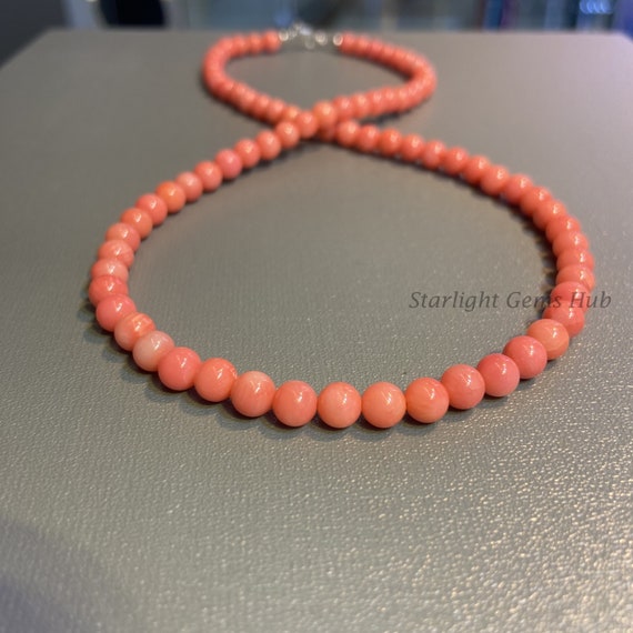 Pink Coral Beaded Necklace 6mm Smooth Round Pink Gemstone Jewelry