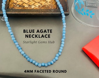 Blue Agate Beaded Necklace, 4mm Faceted Gemstone, Sterling Silver Clasp