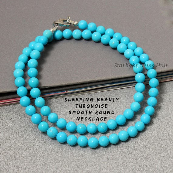 Natural Sleeping Beauty Turquoise beaded necklace Smooth Round  Turquoise stone jewelry Arizona Turquoise Gift for her bridesmaid