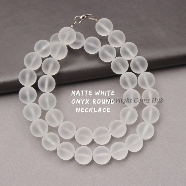 Genuine white Matte onyx beaded necklace-12MM Smooth Round Clear white gemstone jewelry-925 Silver Lock-Birthstone necklace-Jewelry Design