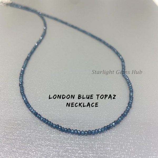 Collar de topacio azul natural de Londres-2 mm Collar de cuentas micro facetadas Collar minimalista Gargantilla Collar de topacio Día de las madres Regalo de dama de honor