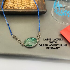 AAA lapis lazuli 2mm Faceted round beaded necklace with Elegant natural green aventurine pendant-Minimalist necklace-Dainty Jewelry-Gifts
