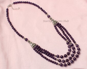 Designer Jewelry-Purple amethyst gemstone beaded necklace-6MM-8MM smooth round amethyst layering necklace-amethyst jewelry-Limited Edition
