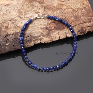 Genuine blue lapis lazuli beaded bracelet-4mm faceted cube box beads-Blue gemstone bracelet-lapis lazuli jewelry-Best gemstone Gifts Ideas