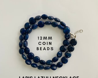 Auténtico collar de cuentas de lapislázuli azul AAA-12MM Smooth Coin Collar de diseño-925 Joyería de plata para mujer-Collar hecho a mano-Idea de regalo