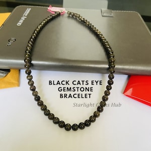 天然ブラックキャッツアイ宝石ネックレス - 6.5 MM スムースラウンドブラックビーズネックレス - キャッツアイ宝石ジュエリー - 925 スターリングシルバー - ギフトのアイデア