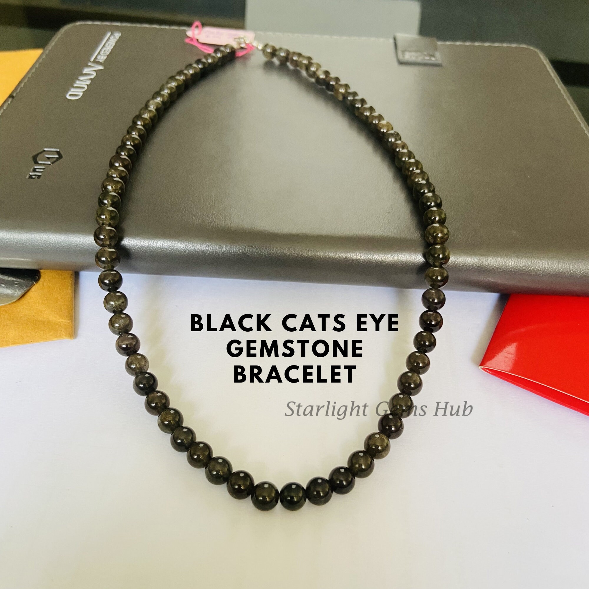 Natural Black Cats Eye Gemstone Necklace 6.5mm Smooth Round Black