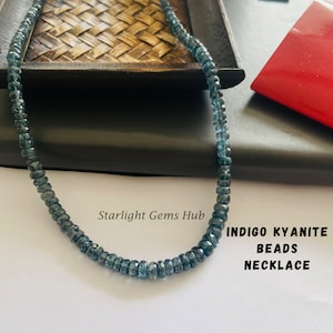 Natural Indigo Kyanite Beaded Necklace, 4-6mm Blue Kyanite Faceted Rondelle Beads Necklace, Sterling Silver, Kyanite Jewelry, Gift For Her
