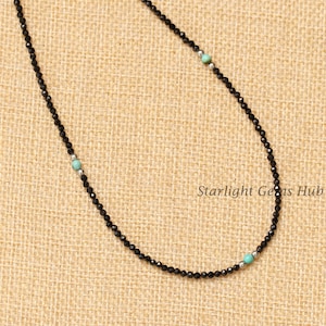 Minimalist necklace black spinel Necklace blue turquoise necklace 2mm faceted round spinel 3mm smooth round turquoise beads-Gifts for her