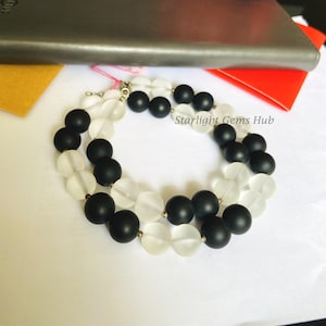 Natural White Black matte onyx stone necklace-12MM Smooth Round black/white gemstone jewelry-Large bead jewelry-925 Sterling silver-Art deco