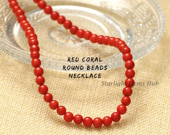 Exclusive necklace-Red Coral Beaded necklace-6MM Smooth Round red gemstone jewelry-Coral jewelry-Birthstone jewelry-Artistic Jewelry-Gifts