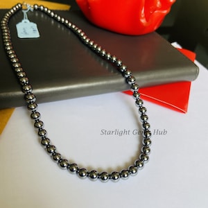 AAA++ Terahertz Stone beads necklace-8MM Smooth Round Terahertz Stone gemstone jewelry-925 Sterling silver-Terahertz Jewelry-Surprise gift