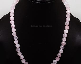 Rose Quartz Necklace - 10mm Round Beads, 925 Clasp, 16 Inch