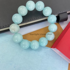 AAA blue aquamarine beaded bracelet-Chunky beads bracelet-Rare size beads bracelet-12MM smooth round bracelet-cleansing stone bracelet