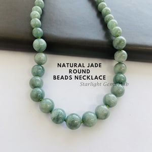 Natural Green Jade Beaded necklace-6MM-10MM Gradually Setting smooth round jade Necklace-Gemstone jewelry-Silver Lock genuine jade jewelry