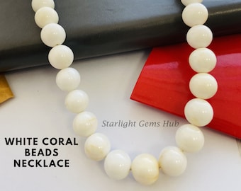 Natural White coral beaded necklace-10MM Smooth round coral Gemstone jewelry-Peace stone jewelry-Best valentine special gifts for her/him