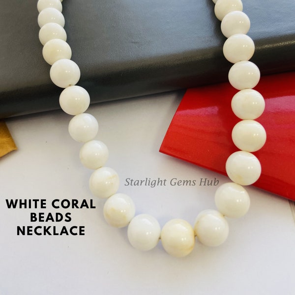 Collier de perles de corail blanc naturel-10MM Bijoux en pierre précieuse de corail rond lisse-Bijoux en pierre de paix-Meilleurs cadeaux spéciaux de la Saint-Valentin pour elle / lui