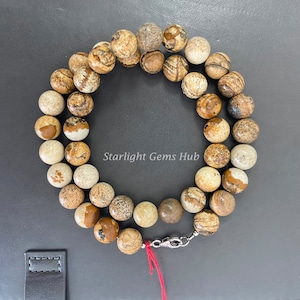 Natural jasper beaded necklace-10MM smooth round jasper gemstone jewelry Brown Jasper Necklace 925 silver fashion jewelry Gifts Ideas
