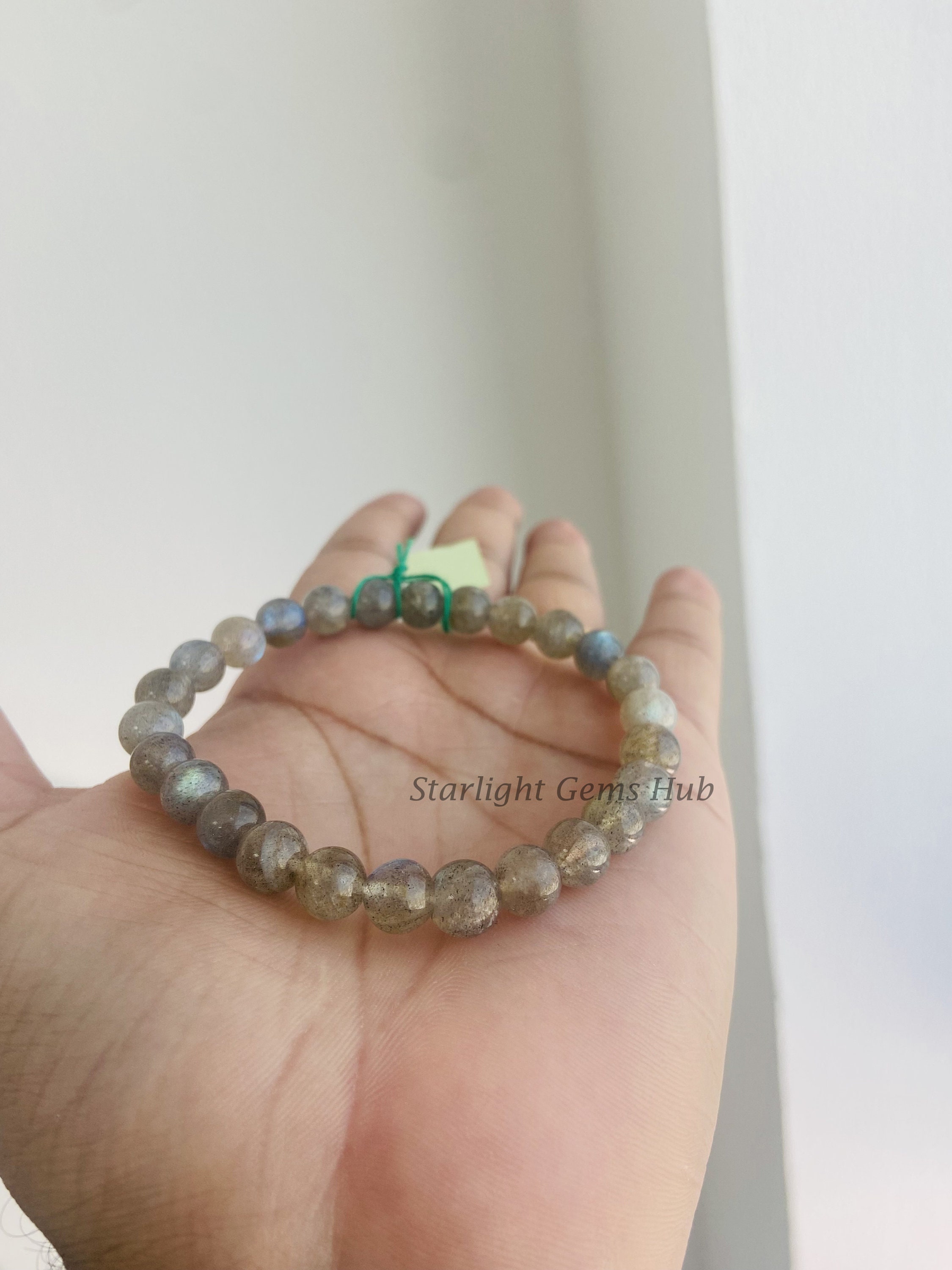 Natural Labradorite Gemstone Bracelet – Handmade, Stretch, Round Beads, 7in, Copper Base, Made In USA