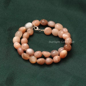 Natural Peach Moonstone Beaded Necklace, Women&#39;s Handmade Necklace, Birthday Gift For Hem, 11x13 mm Tumbled Necklace