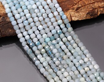 4mm Faceted Aquamarine Beads: Blue Ice Water Shaded Square Box, 13 Inch Strand