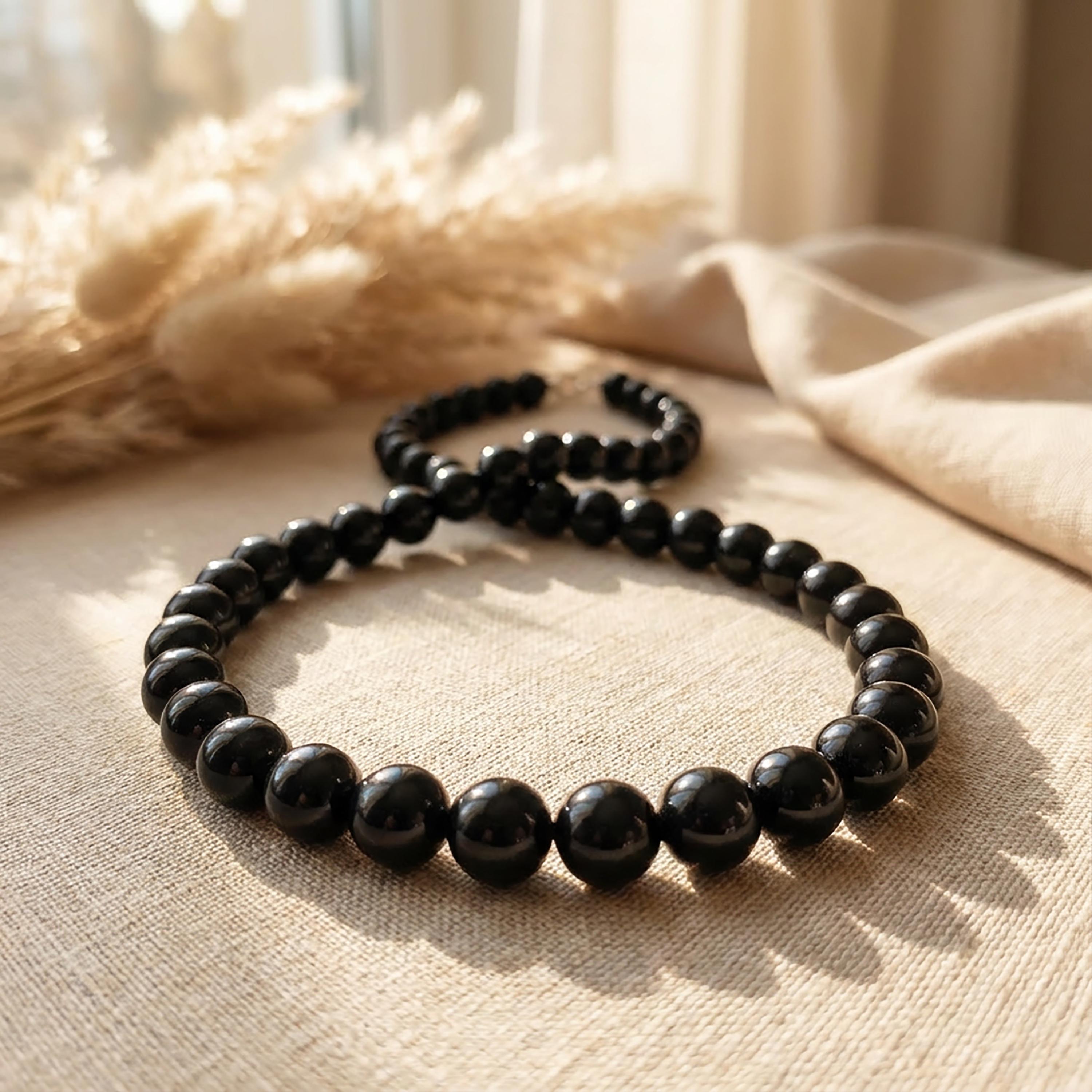 Black Tourmaline Necklace: 8mm Smooth Round Gemstone Beads, 925