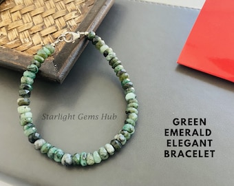 Faceted Emerald Bracelet, Shaded Green Rondelle Gemstone, 6mm