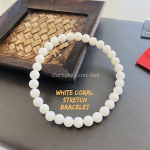 Natural coral beaded bracelet 7MM smooth round coral gemstone bracelet-Stretchable bracelet Adjustable bracelet White Coral Bracelet Gift