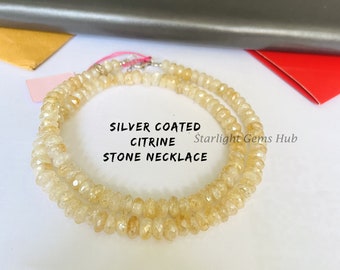 Flashy Natural Silver coated citrine beads necklace-7MM-7.5MM Faceted Rondelle yellow Gemstone Jewelry-Citrine jewelry-Natural stone jewelry