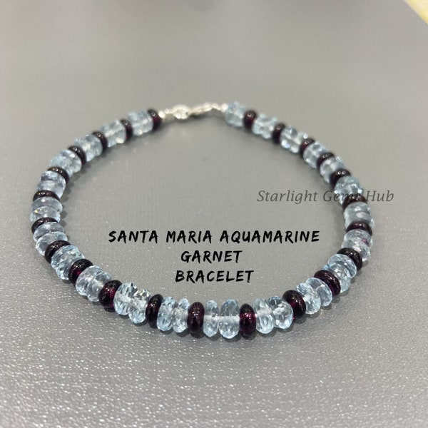 Natural AAA++ Santa Maria aquamarine with red garnet gemstone bracelet-6mm Aquamarine Faceted Rondell-5mm plain Rondell Garnet bead bracelet
