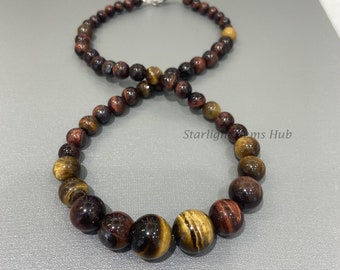 Designer Necklace-Red-Yellow tiger eye beads necklace-Chunky beads necklace-6mm-14mm smooth round beads-Natural birthstone necklace