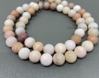 Pink Opal Bead Necklace, 10mm Smooth Round Gemstone Jewelry