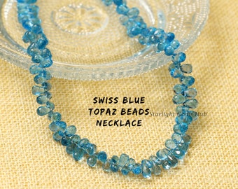 Swiss Blue Topaz Beaded Necklace, Faceted Pear Gemstone Jewelry