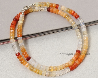 Mexican Fire Opal Necklace, 5mm Sterling Silver Beaded Rondelle