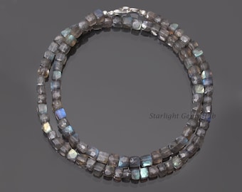 Collar de cuentas de labradorita gris natural de 4,5-5 mm, collar de piedras preciosas de caja cuadrada facetada, joyería de labradorita de fuego azul, collar unisex, regalo para ella