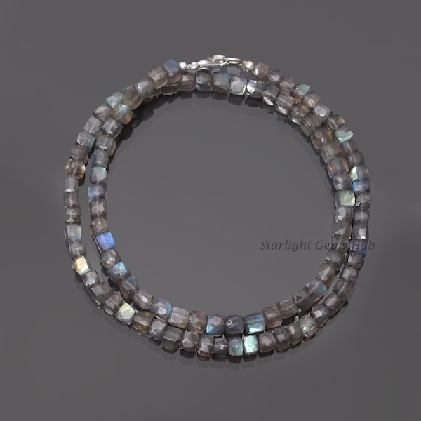 Natürliche graue Labradorit Perlen Halskette 4,5-5 mm facettierte Quadrat Box Edelstein Halskette Blaues Feuer Labradorit Schmuck Unisex Halskette-Gift her