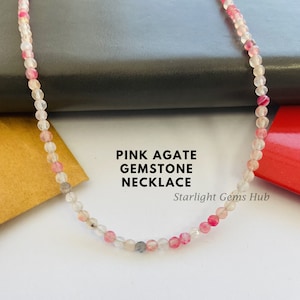AAA Pink agate beads necklace-Pink Gemstone jewelry-Agate jewelry-3.5MM Faceted Round Agate Beads-Women Jewelry-Dainty Necklace-Best Gifts