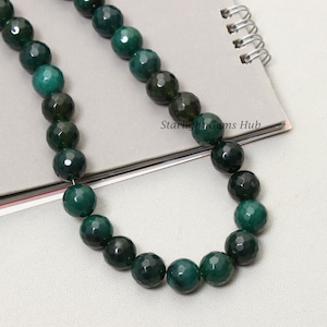 Natural Dark green aventurine beaded necklaces-Larger 14MM faceted round green gemstone jewelry-Aventurine jewelry-Silver necklace-Gift Idea