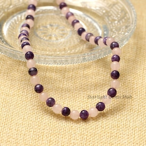 Rosenquarz Amethyst Perlen Halskette: 8 MM Edelstein Schmuck